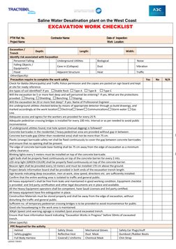 Saline Water Desalination plant on the West Coast 
EXCAVATION WORK CHECKLIST
PTW Ref. No.
Contractor Name:
Date of  I