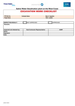 Saline Water Desalination plant on the West Coast 
EXCAVATION WORK CHECKLIST
PTW Ref. No.
Contractor Name:
Date of  I