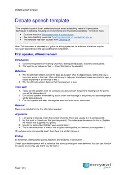 Debate speech template  
Page 1 of 5 
 
 
Debate speech template 
This template is part of 3-part student workbook aimed at t