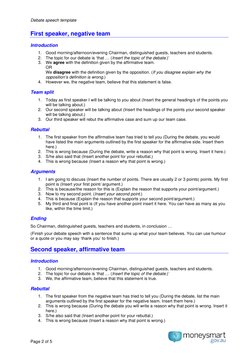 Debate speech template  
Page 2 of 5 
 
 
First speaker, negative team  
Introduction  
1. Good morning/afternoon/evening Cha