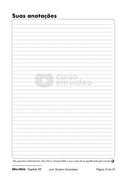 Suas anotações 
 
Não guarde conhecimento. Ele é livre. Compartilhe o seu e veja ele se espalhando pelo mundo 🌎
____________