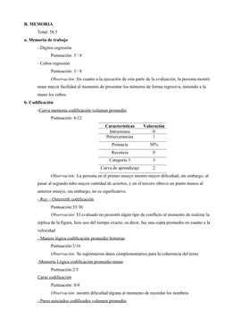 B. MEMORIA
Total: 58.5
a. Memoria de trabajo
- Dígitos regresión 
Puntuación: 3 / 8 
- Cubos regresión 
Puntuación: 3 / 8
Obs
