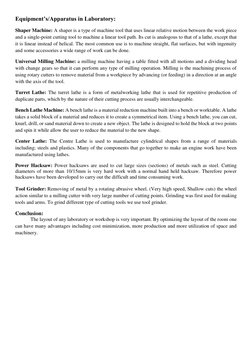 Equipment’s/Apparatus in Laboratory: 
Shaper Machine: A shaper is a type of machine tool that uses linear relative motion bet