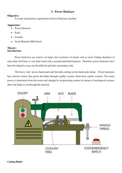 2. Power Hacksaw 
Objective: 
To study and perform experiment on Power Hacksaw machine. 
Apparatus: 
 Power Hacksaw 
 Scale