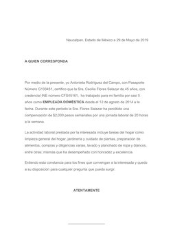 Naucalpan, Estado de México a 29 de Mayo de 2019
 
A QUIEN CORRESPONDA
 
Por medio de la presente, yo Antonieta Rodríguez del