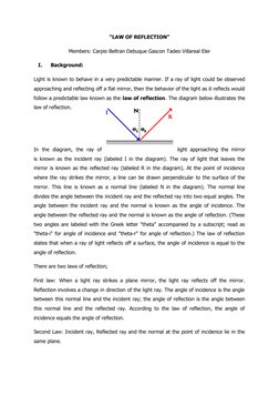“LAW OF REFLECTION”
Members: Carpio Beltran Debuque Gascon Tadeo Villareal Eler
I.
Background: 
Light is known to behave in a