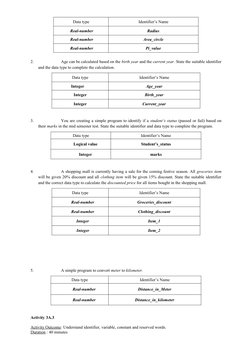 Data type
Identifier’s Name
Real-number
Radius
Real-number
Area_circle
Real-number
Pi_value
2.
Age can be calculated based on