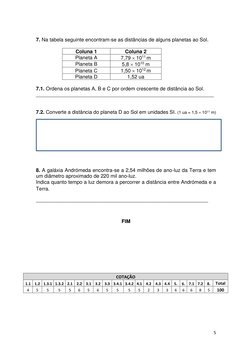 5 
 
 
7. Na tabela seguinte encontram-se as distâncias de alguns planetas ao Sol. 
 
Coluna 1 
Coluna 2 
Planeta A 
7,79  1