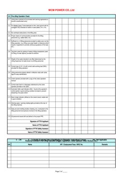 Page 3 of _____
MCM POWER CO.,Ltd
2.0 Pre-Lifting Operation Check
2.1
2.2
2.3 No overhead obstructions in the lifting area.
2
