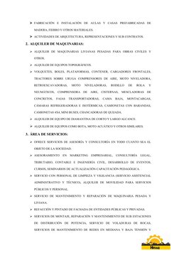 FABRICACIÓN  E  INSTALACIÓN  DE  AULAS  Y  CASAS  PREFABRICADAS  DE
MADERA, FIERRO Y OTROS MATERIALES. 
ACTIVIDADES DE ARQU