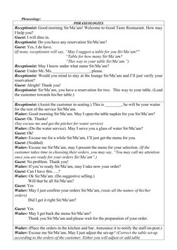 Phraseology:
PHRASEOLOGIES
Receptionist: Good morning Sir/Ma’am! Welcome to Good Taste Restaurant. How may
I help you?
Guest: