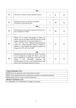 2 
 
OR 
12 
 
 
Illustrate the working of typical hydraulic actuator. 
 
7 
II 
L2 
 
13 
 
Enumerate the types of end effec