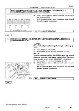 A18294
HV Control ECU Connector
A92044
Inverter Connector
I10
I9
–
DIAGNOSTICS
HYBRID CONTROL SYSTEM
05–647
811
Author:
Date