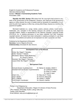 English for Academic and Professional Purposes  
Alternative Delivery Mode 
Quarter 1-Module 3: Summarizing Academic Text