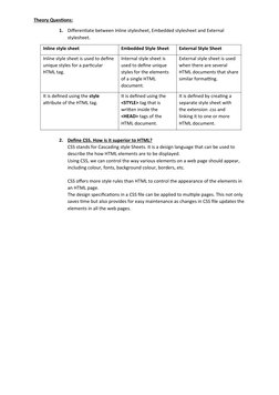Theory Questions:
1.
Differentiate between Inline stylesheet, Embedded stylesheet and External 
stylesheet.
Inline style shee