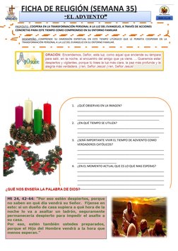 “  EL ADVIENTO
 
 ”  
FICHA DE RELIGIÓN (SEMANA 35)
PROPÓSITO:  COOPERA EN LA TRANSFORMACIÓN PERSONAL A LA LUZ DEL EVANGELI