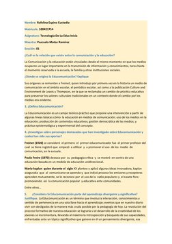 Nombre: Rafelina Espino Custodio
Matricula: 100421714
Asignatura: Tecnología De La Educ Inicia
Maestra: Pascuala Matos Ramíre