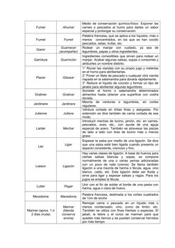 Fumer
Ahumar
Medio de conservación químico-físico. Exponer las
carnes o pescados al humo para darles un sabor
especial y prol