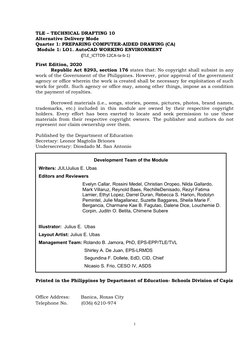 TLE – TECHNICAL DRAFTING 10
Alternative Delivery Mode
Quarter 1: PREPARING COMPUTER-AIDED DRAWING (CA)
 Module 1: LO1. AutoCA