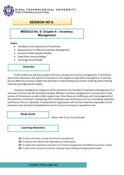 COURSE TITLE (Mgt 103)
R I Z A L   T E C H N O L O G I C A L   U N I V E R S I T Y
Cities of Mandaluyong and Pasig
Topics: 
