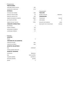 - Prestaciones -
PRESTACIONES
velocidad máxima (km/h)
182
aceleración 0-100 km/h
11.6
POTENCIA
normativa de medida
CEE
potenc