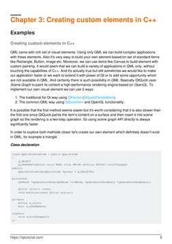 Chapter 3: Creating custom elements in C++
Examples
Creating custom elements in C++
QML came with rich set of visual elements