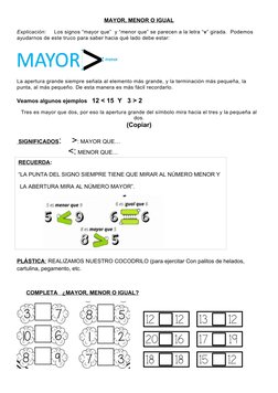 MAYOR, MENOR O IGUAL
Explicación:     Los signos “mayor que”  y “menor que” se parecen a la letra “v” girada.  Podemos 
ayuda