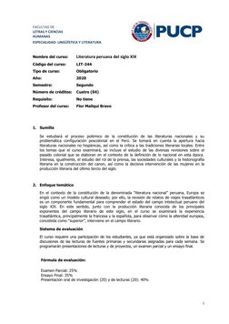 FACULTAD DE
LETRAS Y CIENCIAS  
HUMANAS 
ESPECIALIDAD: LINGÜÍSTICA Y LITERATURA
Nombre del curso:
Literatura peruana del sigl