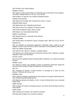1947 Mi Manuel. Lima: Cultura Antártica
DENEGRI, Francesca 
1997 “Desde la ventana, Women Pilgrims in Nineteenth Century Lati