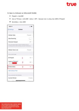 12. Back to (Cellular) at (CELLULAR PLANS)  
 Prepaid = nanoSIM  
 Use as “Primary = old eSIM : status = OFF – becaus