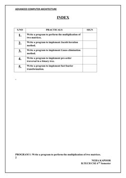 ADVANCED COMPUTER ARCHITECTURE
INDEX
S.NO
PRACTICALS
SIGN
1.
Write a program to perform the multiplication of 
two matrices.