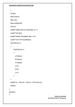 ADVANCED COMPUTER ARCHITECTURE
   {
    int i,j,n;
    float a1,b1,c1;
    float a,b,c;
    float ar[3][4],x[3];
    clrscr()