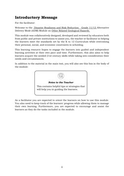 ii 
Introductory Message 
For the facilitator: 
Welcome to the  Disaster Readiness and Risk Reduction   Grade 11/12 Alterna