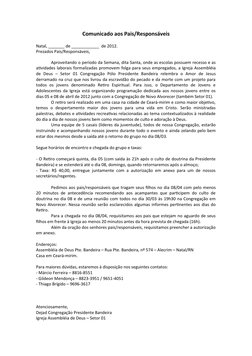 Comunicado aos Pais/Responsáveis
Natal, _______ de ____________  de 2012.
Prezados Pais/Responsáveis,
Aproveitando o período