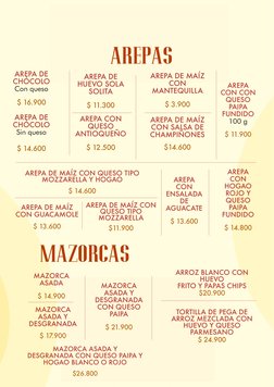ARROZ BLANCO CON 
HUEVO
FRITO Y PAPAS CHIPS
$20.900
TORTILLA DE PEGA DE 
ARROZ MEZCLADA CON 
HUEVO Y QUESO 
PARMESANO
$ 24.90