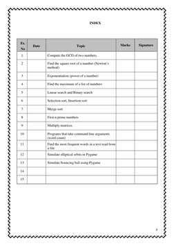 INDEX 
 
 
 
 
 
 
 
 
 
 
 
 
Ex.  
No 
Date 
Topic 
Marks 
Signature 
1 
 
Compute the GCD of two numbers. 
 
 
2 
 
Find t