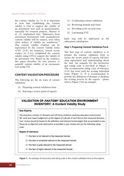 www.eduimed.com
50
Education in Medicine Journal 2019; 11(2): 49–54
(c)	 Conducting content validation
(d)	 Reviewing domain