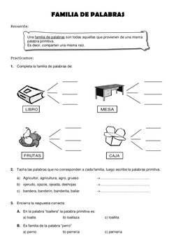 FAMILIA DE PALABRAS 
 
Recuerda:  
 
Una familia de palabras son todas aquellas que provienen de una misma 
palabra primitiva