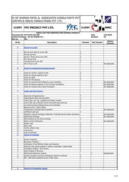 1 of 2
CLIENT YFC PROJECT PVT LTD.
CLIENT
DMRC
CHECK LIST FOR SUBSTRUCTURE DESIGN (VIADUCT)
Document No 30.TA.VDT.DCL108
Date