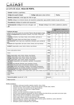 LA CATA DE AGUA. HOJA DE PERFIL
Catador (nombre y apellidos):
Código de usuario Catast:
Código cata (para catas online):
Fech