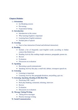 Chapters/Modules:
1) Orientation

Ice Breaking session

Pre-testing 

Expectation Setting
2) Introduction

Introduction t