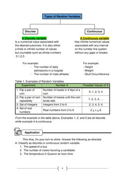 4 
Types of Random Variables 
 
 
 
 
 
         A Discrete variable 
 
 
 
      A Continuous variable 
Is a numerical val