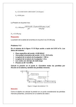 hL=[6.5+60 (0.019)+290 (0.0267)](0.524 pies)
hL=8.061 pies
La Presión en el punto A es:
PA=200 psig+ 0.90 (62.4lb)
pie
3
(25