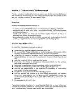 Module 1: OSH and the BOSH Framework
This is a very short module which aims to prepare you for the technical discussions
that