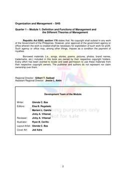 2 
 
 
 
Organization and Management – SHS 
 
Quarter 1 – Module 1: Definition and Functions of Management and  
      the