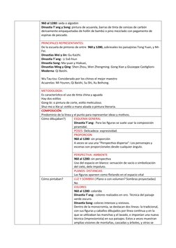 960 al 1280: seda o algodón
Dinastía T´ang y Song: pintura de acuarela, barras de tinta de cenizas de carbón 
densamente empa