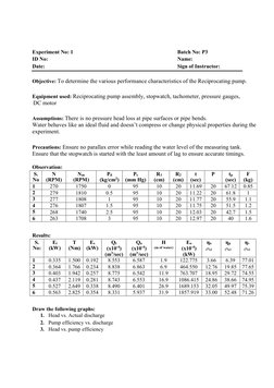 Experiment No: 1 
Batch No: P3 
ID No: 
Name:  
Date: 
Sign of Instructor: 
 
Objective: To determine the various performance