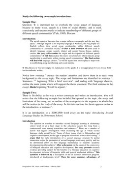 Postgraduate TSL course work handout – February 2005 
3 
Study the following two sample introductions: 
 
Sample One: 
Questi