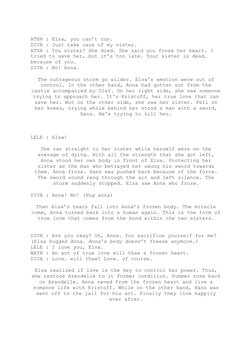 ATHR : Elsa, you can’t run.
DIVA : Just take care of my sister.
ATHR : You sister? She died. She said you froze her heart. I