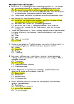 Multiple-choice questions
1
What would be an advantage of a business being registered as a sole trader?
(A)
It may have res